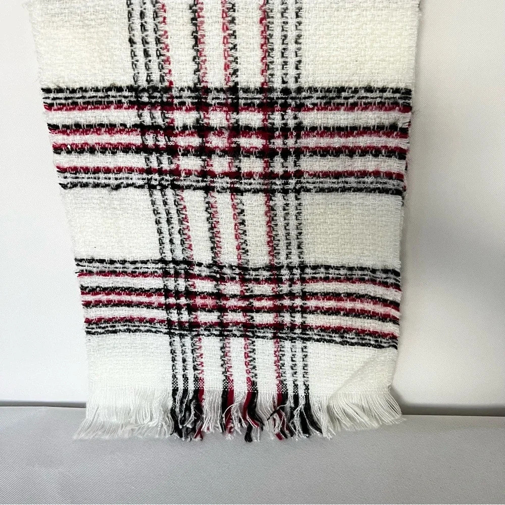 Chico's Scarf Red Cream Black Plaid Acrylic Metallic Oblong Comfy Soft - Picture 4 of 5